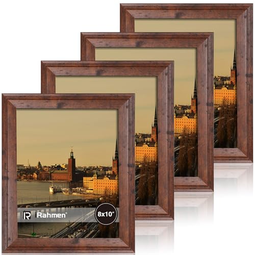 Image of iRahmen 8x10 Picture Frame Set of 4, Brown Rustic Vintage Photo Frame with Real Glass, 8 x 10 Frames for Wall Mount and Tabletop Display