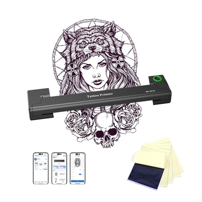 Wireless Tattoo Stencil Transfer Printer Machine,Professional Tattoos Thermal Mini Portable Crisp Copier Whit 12pcs Transfer Paper
