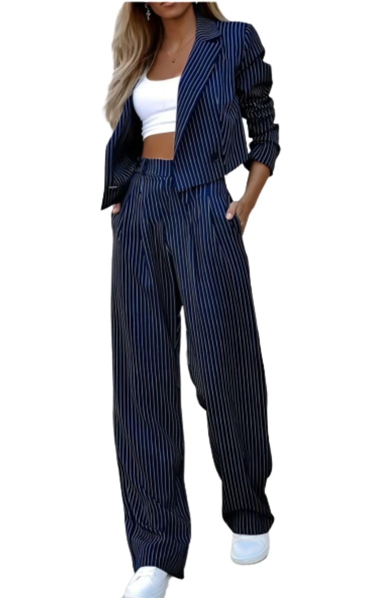 Womens 2 Piece Blazer Set Striped Cropped Blazers Jacket High Waist Wide Leg Work Pants Business Suit Outfits