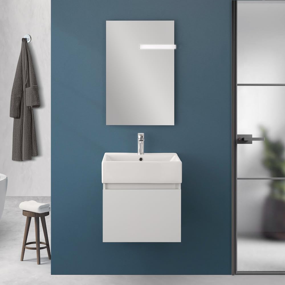 Mobiletto Bagno Sospeso Salvaspazio Da 50 Cm In Legno Nobilitato Bianco Linea Kira Con 1 Anta Dalla Chiusura Soft-Close, Completo Di Specchio 50x60 Cm E Lavabo