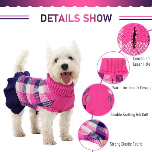 Image of Dog Sweater Dress Plaid Knitwear for Small Medium Dogs Warm Puppy Pet Turtleneck Stretch Pullover Cute Fall Winter Vest Clothes with Leash Hole for Christmas (Navy, XS)