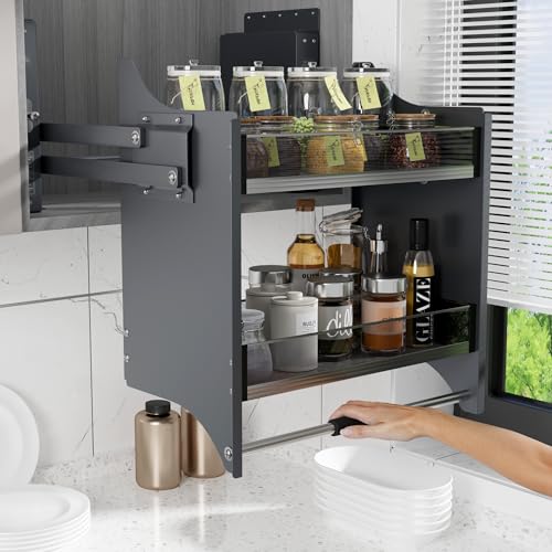 Pull Down Shelf for Kitchen Upper Cabinet,Heavy Duty Pull Down Cabinet Organizer, 2 Tier Upper Cabinet Pull Down Shelf Kitchen Cabinet Pull Down Spice Racks for Tall Kitchen, 22 inch Width, Grey