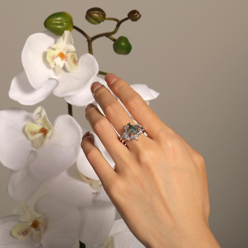 Damen Ring Set Moosachat Bandring Drachenschnitt Zirkonia Vorsteckring mit Weinblatt Fingerring Sterling Silber Stapelring Schmuckring mit Stein Silberring für Frauen