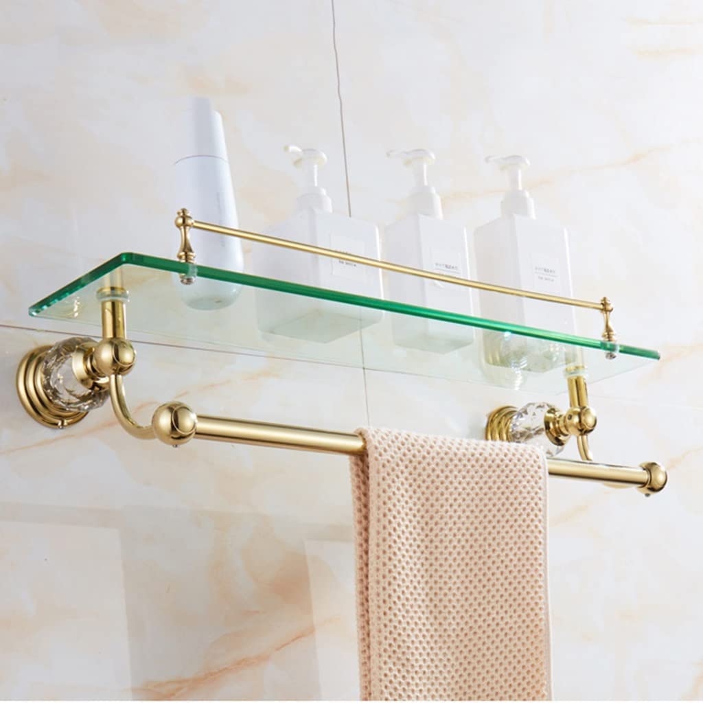 Mensola da bagno in vetro temperato trasparente con barra portasciugamani a 12 strati rettangolare da parete, può contenere 9,1 kg, dimensioni: 50 x 16 cm, elegante finitura trasparente e oro