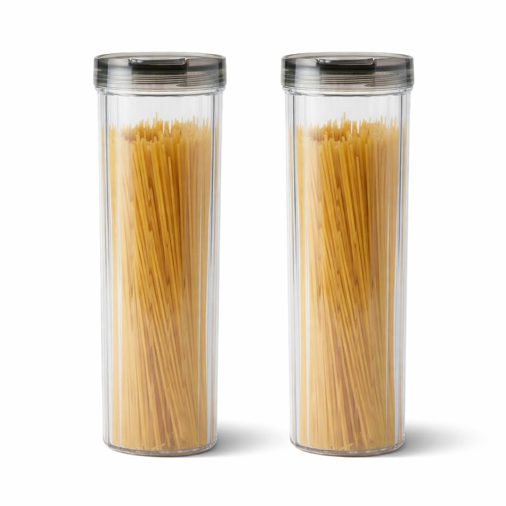 Punorric 2Pack Pasta Storage Containers, 1.8L Clear Tall Spaghetti Storage Jar with Lid, Airtight Round Pasta Containers for Kitchen, Multi-Purpose Leakproof Spaghetti Jar for Noodles, Cereal, Flour