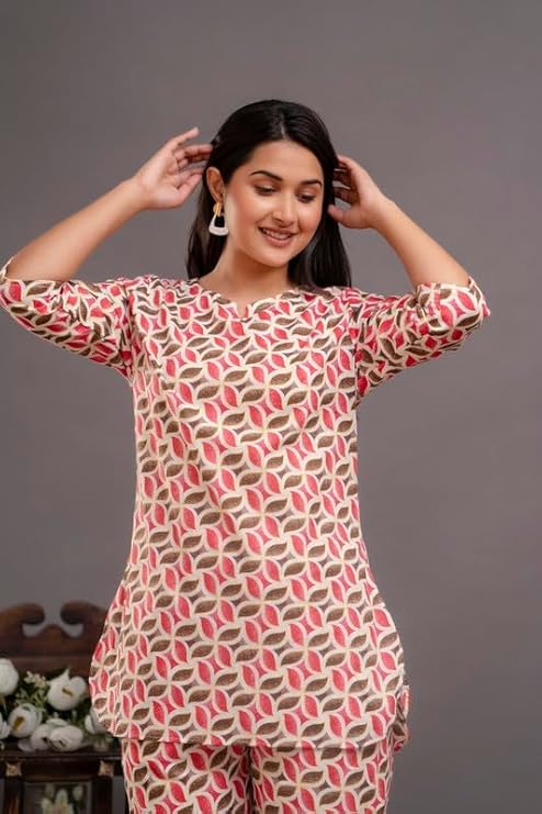 Image of Pure Cotton Printed Night Suit Set | Top Pyjama Set for Women | Night Dress of Kurta Pyjama Set for Women | Kurta Top Set