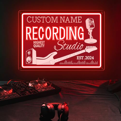 Image of Custom Recording Neon Sign, Personalized Guitar & Microphone Name LED Sign, Customized Gifts for Musicians Audiophiles Enthusiasts, Dimmable Large Neon Light Up Music Signs, Music Studio Room Decorations