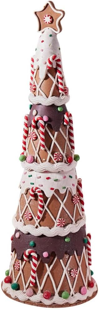 Gingerbread Christmas Cone Tree Decorative Faux Tree Figurines with Frosting and Candy Accents Holiday Table Centerpiece Decorations Festive Winter Tabletop Home Decor