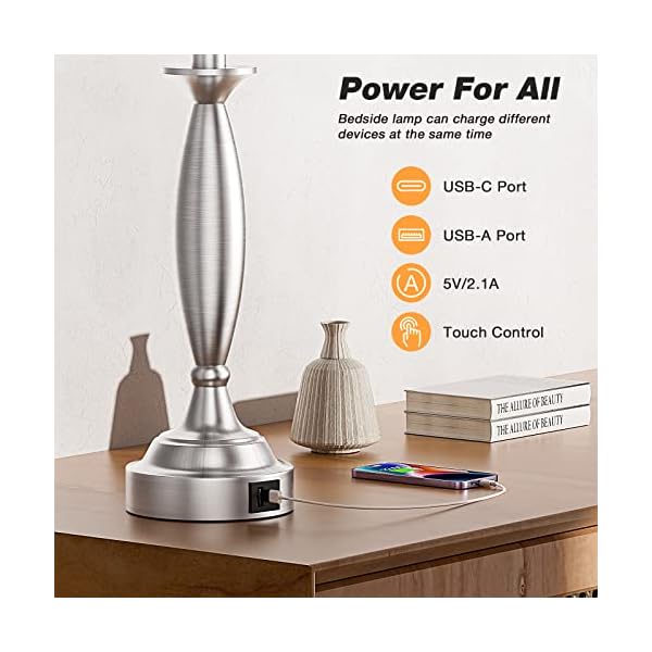 White Lamps for Bedrooms Set of 2 - Touch Control Bedside Lamp with USB C+A, 3 Way Dimmable Nightstand Lamps with USB Port, Table Lamp for Living Room(White Shade and Nickel Base) - Image 4