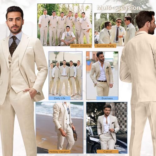 Wemaliyzd Mens 3 Piece Suit Linen Casual Lightweight Sport Coat Vest Expandable Waist Pants2