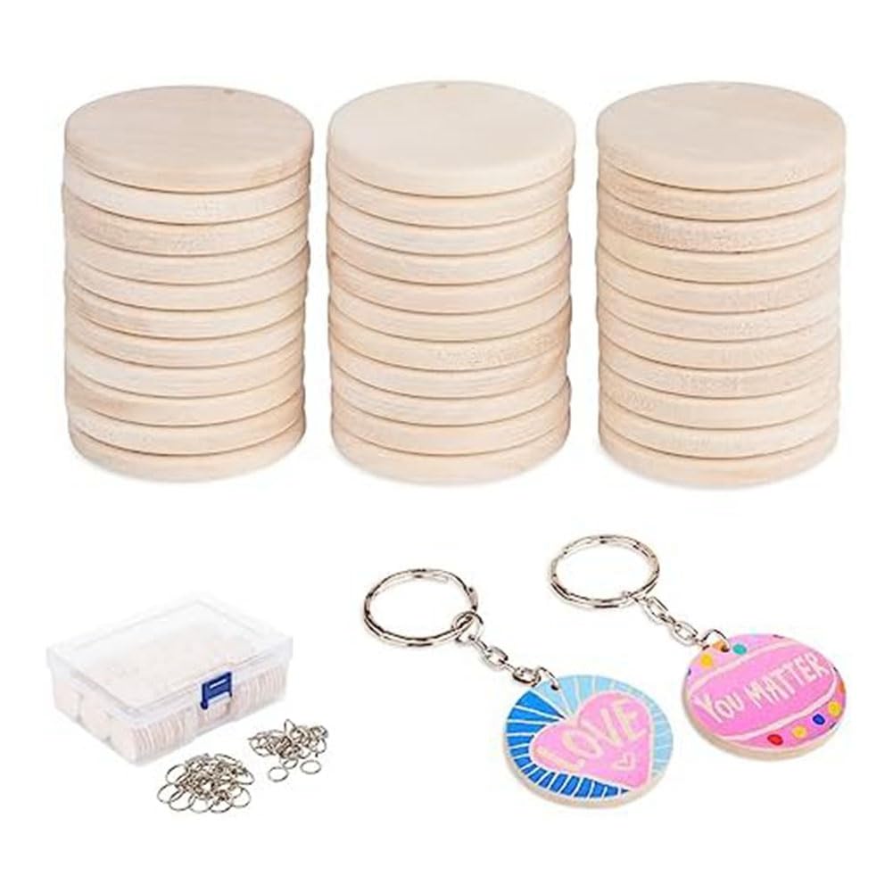 CTRLZS 100 PCS Wooden Circles For Crafts 3.5cm Unfinished Wooden Keychain Wooden Circles For DIY Craft ChristmasDecoration