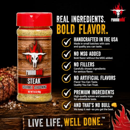 Image of Runnin' Wild Steak Seasoning - Bold & Savory Smokehouse Flavor | Premium Grilling Spice Rub for Steak, Burgers, Brisket, Lamb & Chicken | No MSG added, No Artificial Flavors or Fillers - 7.0 ounces