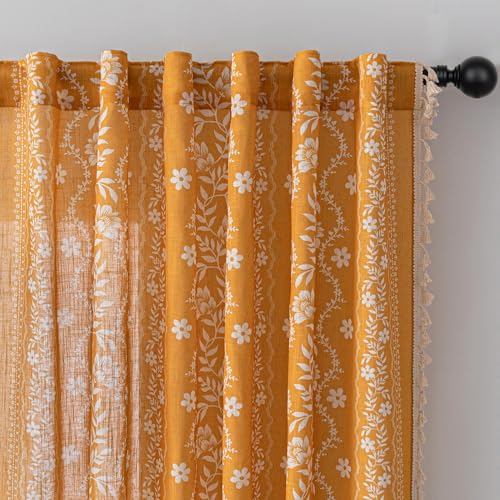 Image of MYSKY HOME Boho Floral Linen Curtains 72 Inch Length for Cafe 2 Panels