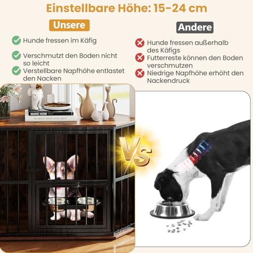 COSTWAY Eck Hundekäfig Möbel, Hundehütte mit verstellbarem Futterspender, 2 Edelstahlnäpfen & abschließbarer Tür, Hundebox aus Holz und Metall, für kleine mittelgroße Hunde, Indoor, Braun