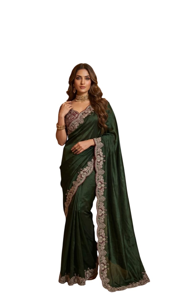 Women's Soft Satin Saree With Traditional Elephant Embroidery & Heavy Zari Work | Includes Premium Ready-to-Wear Katori Stitch Blouse For Festive, Party & Wedding Ethnic Wear-image-38