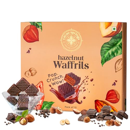 Image of Cacao Springs Premium Hazelnut Waffrils Gift Box, Premium Choco & Nut Delicacy Waffle Chips, Great for Snacking, Premium Gift Hamper for Christmas Gifts, 12 Pieces in Each Box, 1 Box, 120gm
