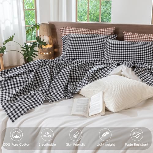 Image of MooMee Gingham Sheet Set 100% Washed Cotton Linen Like Textured Breathable Soft w /Fully Elasticized 16-19 inch Deep Pocket (Classic Gingham Black White, Queen)