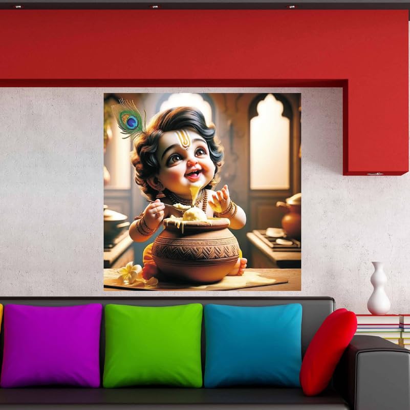 Image of British Terminal Cute little Bal Gopal Baby God Krishna| Kanha Ji | Laddu Lord Makhan Chor Painting Religious Poster for Pregnant Women for wall (matt thin vinyl,sticker,multicolor,unframed)| bj413
