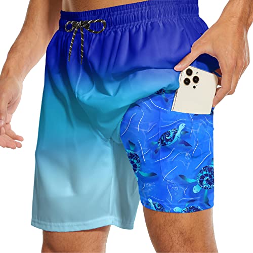 Turtle Mens Swim Trunks with Compression Liner Board Shorts Blue Gradient Men Swimming Trunks Swimwear 7 Inch Inseam3