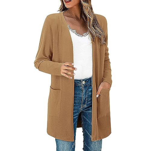 OCCOKO Chaqueta tipo cárdigan de punto con bolsillo de longitud media informal de color liso para mujer Abrigo Pelo Reversible (Khaki, L)