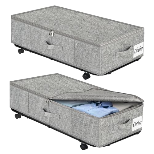 Image of Large Sturdy Under Bed Storage with Wheels, 2 Pack 50L Rolling Underbed Storage Bins, Under Bed Containers Drawer with Metal Bottom Support, Bedroom Organizer with Lids for Clothes, Shoes, Blankets