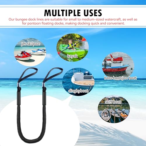 Bungee Dock Lines with Loops for Boats – Lightweight Elastic Pontoon, Deck Boat, Jet Ski, PWC, Kayak, Small to Medium Vessel Mooring Ropes & Spring Lines for Quick Docking (2, Black, 4 Feet) - image 2