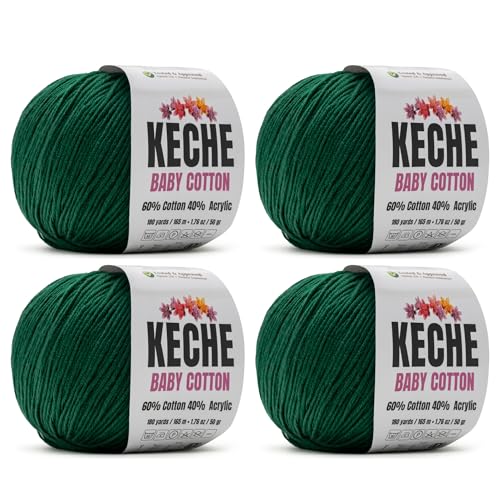 Image of Keche Cotton Yarn, 60% Cotton 40% Acrylic Yarn, Soft Cotton Yarn for Crochet and Knitting, Amigurumi Yarn 4 Skeins /Balls [1.76 Oz (50g) / 180 Yrds (165m)] x 4 - Dark Green