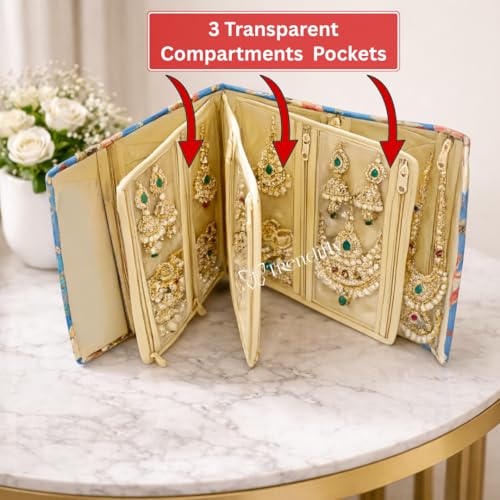 Image of Trendifly Foldable Multipocket Jewellery Organizer Suitcase for Women Embroidery Design Travelling Jewelry Sutcase Bag 5 Transparent Pockets Earrings Necklace Bangles Rings Girls (Flower Blue)