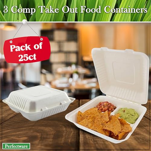 Perfectware PW3COMPTBAGASSE-25CT 100% Compostable 3 Comp Take Out Food Containers 9X9". 25 Containers thumb #2