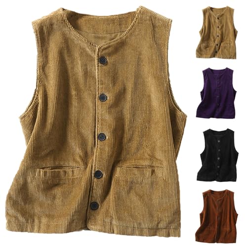 HGps8w Womens Corduroy Vest Summer Sleeveless Tank Tops Casual Crew Neck Button Down Fashion Vest with Pockets2