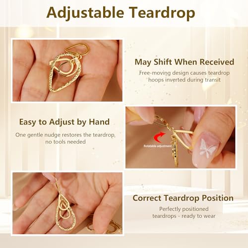 925 Sterling Silver 14K Gold Plated Teardrop Dangle Earrings for Women, ALEXCRAFT Hypoallergenic Silver Teardrop Earrings Drop Hammered Dangling Earring Leverback Dangly Earings2
