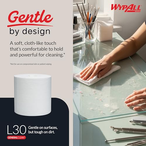 Image of WypAll GeneralClean L30 Cloths Heavy Duty Cleaning Wipes (05820), Center-Pull, Strong and Soft Bulk Paper Wipers, White (300 Sheets /Roll, 2 Rolls, 600 Sheet Total)