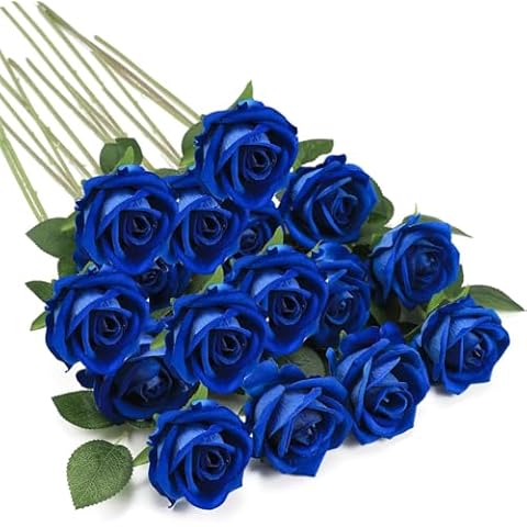TBUY ROSE 16PCS Artificial Silk Flowers Faux Roses Bouquet Long Stem for Home Wedding Decoration Party (Royal Blue) Cover
