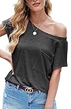 Aifer Women's Off The Shoulder Top Short Sleeve Casual Oversized Shirts Loose Tunic Tops(01-Gray,M)