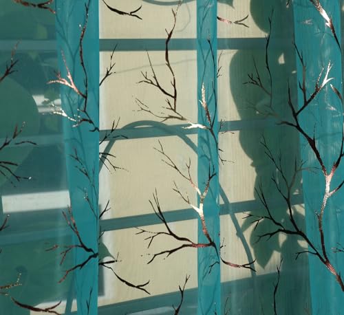 Image of littlelotus Tree Print Tissue Net Sheer Transparent Grommet Curtains for Door 7 feet Long Set of 2, Turquoise