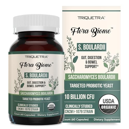 Organic Saccharomyces Boulardii - 10 Billion CFU - Clinically Validated CNCM I-1079 Probiotic Strain - Gut Digestion & Healthy Bowel Support - First Organic Form of S. Boulardii Probiotic - 60 Count
