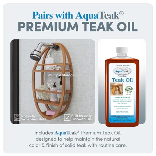 Image of AquaTeak Patented Moa Oval Teak Shower Organizer Premium Teak Oil