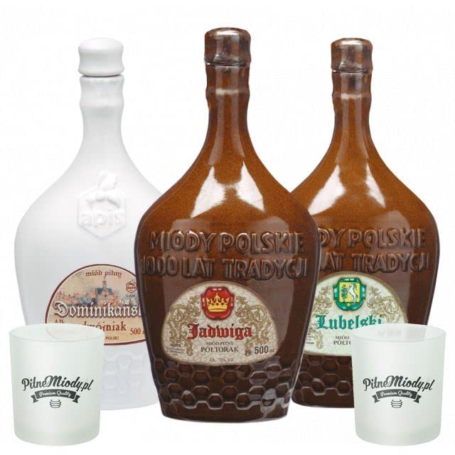 Set mit 3 Keramik Mets (Honigwein 2x Półtorak-Eineinhalber/Dwójniak-Halber) mit 2 Bechern | 1500ml | 16% Alkohol Metwein | Polnische Produktion