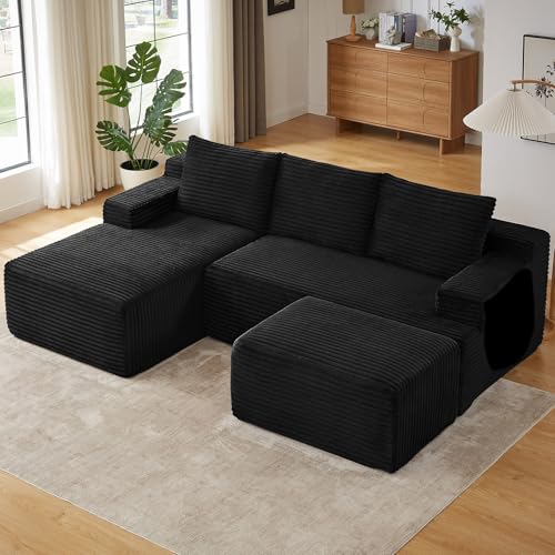 Image of 96 inch Boneless Cloud Couch Sectional Couches Sofa for Living Room | Modular U-Shaped Couch, Comfy Modern Corduroy Memory Foam Sofas with Ottoman, Oversized Chaise (Black, Left-Facing Chaise)