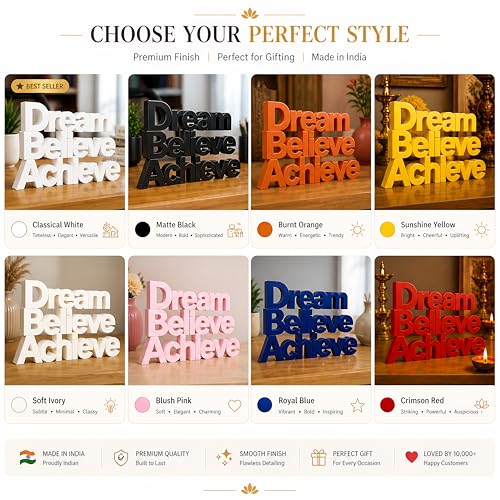 Image of Mad Masters Dream Believe Achieve Motivational Desk Decor - Aesthetic Table, Shelf & Wall Showpiece for Home Office, Business. Vastu Friendly Gifting, Classic White (8x5.5x1 Inch)