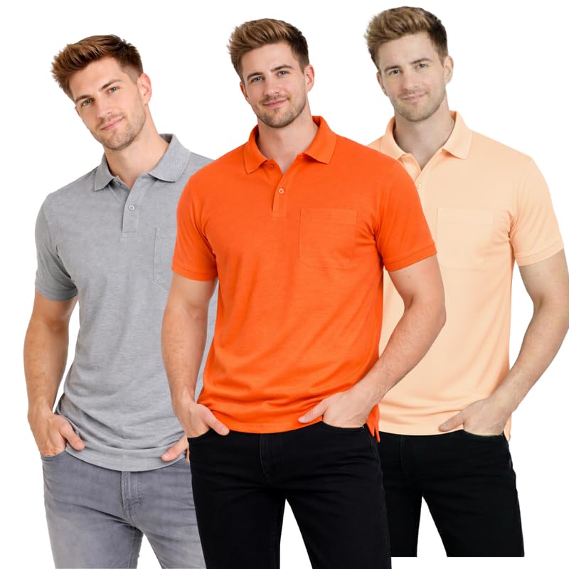 Image of SMAN Polo Neck T-Shirt Pack of 3 for Men & Boys | Half Sleeve Collar Tee with Pocket | Premium Spun Matty Fabric | Casual & Office Wear | Sizes M to 2XL | FX PO3 MCR ORN PCH