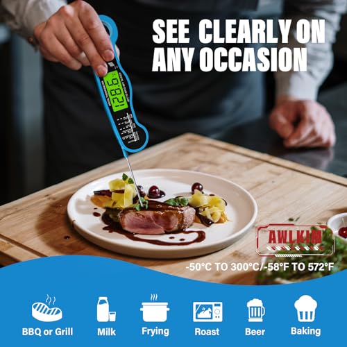 Image of AWLKIM Meat Thermometer Digital, Instant Read Food Thermometer, Blue | Waterproof cooking thermometer with doneness chart, backlight, F /C switch for BBQ, candy, oil