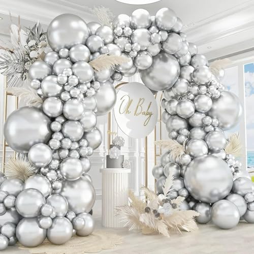 Image of 412pcs Metallic Silver Balloon Garland Arch Kit 18 12 10 5 Inch Different Sizes Latex Chrome Balloons for Baby Shower Birthday Graduation Wedding Anniversary Celebration Party Decoration