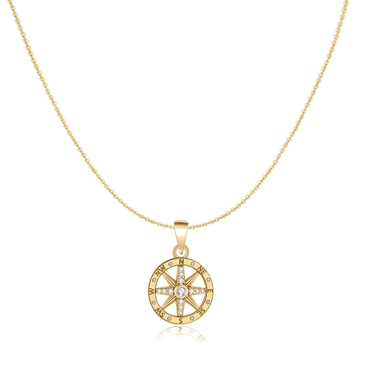 MARLION JEWELS Collar de Plata de Primera Ley (S925) Rosa de los Vientos y Puntos Cardinales con Circonitas Brillantes. Colgante acabado en Plata o Baño Oro 18K. Perfecto Regalo Cumpleaños. Joyas para mujer