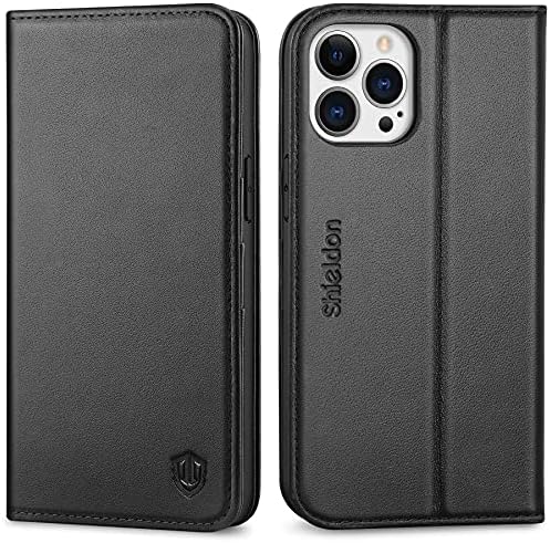 SHIELDON Case for iPhone 13 Pro Max 5G, Genuine Leather Wallet Case Magnetic Folio Shockproof Cover Kickstand RFID Credit Card Holder Compatible with iPhone 13 Pro Max 5G (6.7" 2021 Release) - Black