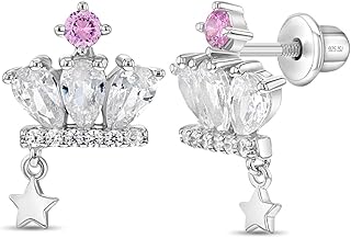 925 Sterling Silver White-Pink Cubic Zirconia Princess Crown Earrings Set With Screw Back Locking for Young girls and Pre Teens Royal and Party Attires