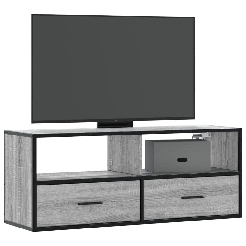 YUANCHUTOP Small Floating TV Unit Stand 100cm, Wall Mounted Media Console with 2 Drawers & Storage Shelf, Industrial Style Hanging Wall Cabinet, Grey+Oak