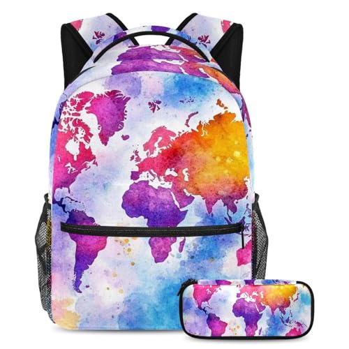 Sac motif Aquarelle Carte du monde 39 avec trousse pour adolescents et étudiants