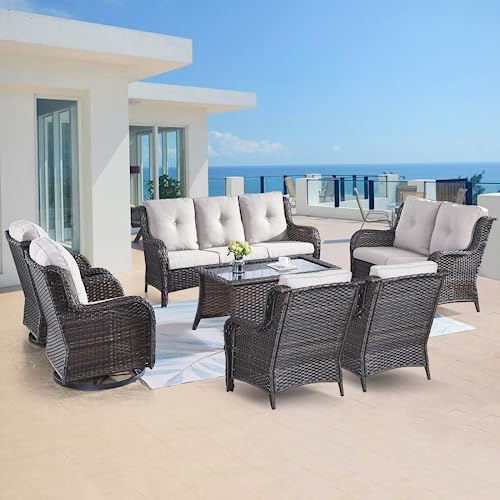 Belord Juego de muebles de mimbre para exteriores, 7 piezas de muebles de ratán para patio con sillas mecedoras giratorias, sofá al aire libre para porche, terraza, patio trasero, marrón/beige