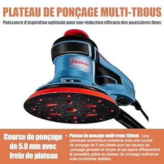 FANZWORK Ponceuse Excentrique 150 mm, Ponceuse Orbitale avec une Course Abrasive de 5 mm, Moteur EC sans Balais de 350 W, 7 Vitesses jusqu'à 10 000 tr/min, 15 Disques Abrasifs, avec Mallette.
